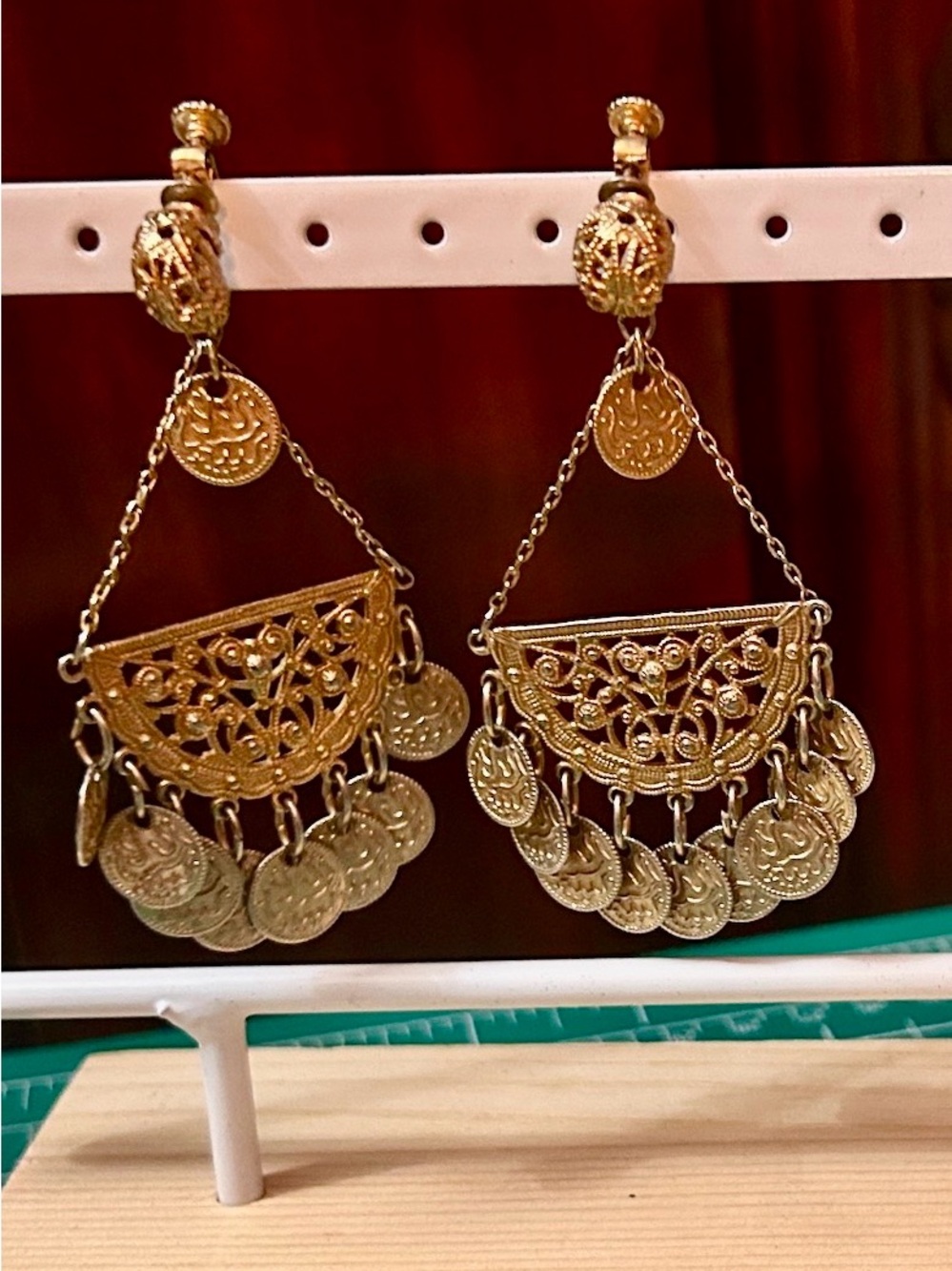 RARE!!! Signed Napier Chandelier Filigree Coin earrings Clip On Screw Back